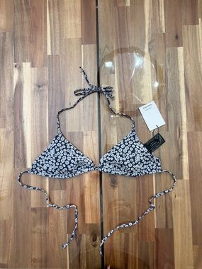 Sz 8 & Other Stories Navy & White Floral Triangle Bikini Top Halter Adjustable